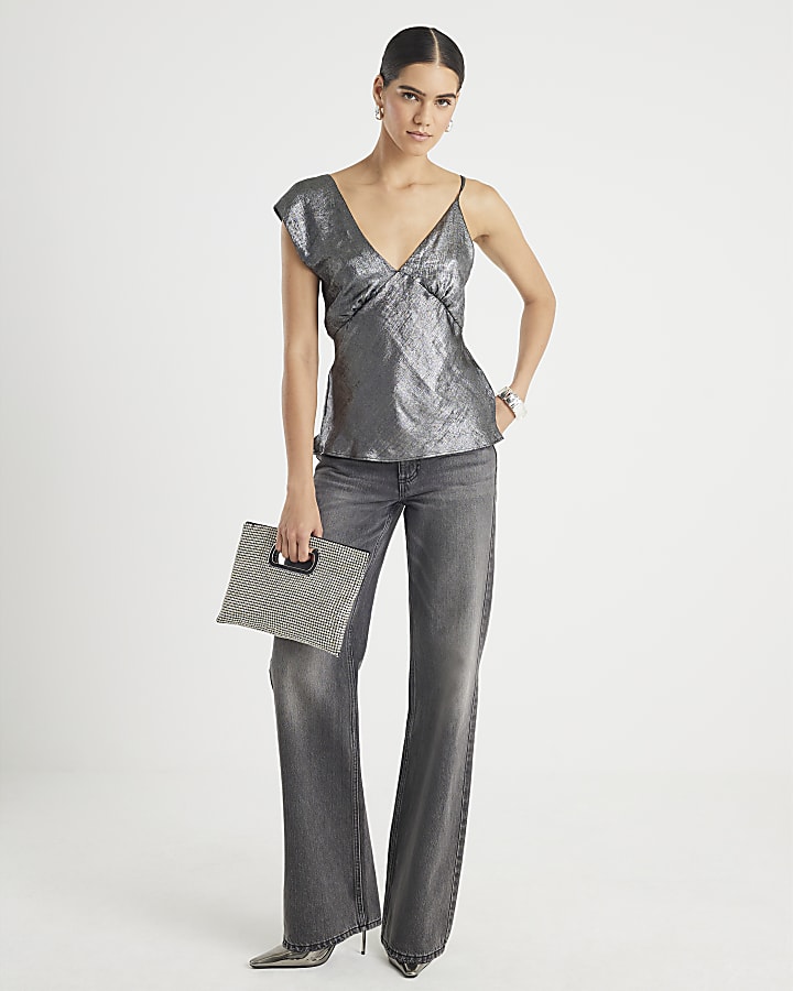 Silver One Shoulder Top