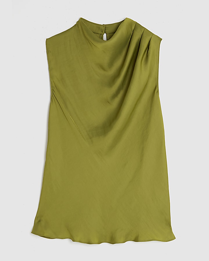 Green Satin Cowl Neck Tank Top