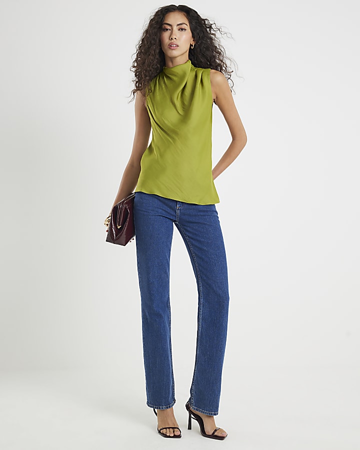 Green Satin Cowl Neck Tank Top
