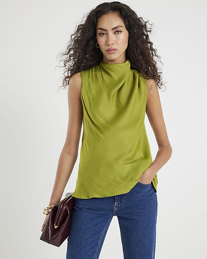 Green Satin Cowl Neck Tank Top
