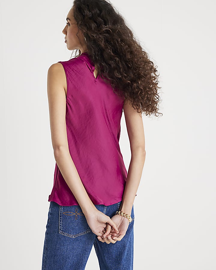 Pink Satin Cowl Neck Tank Top