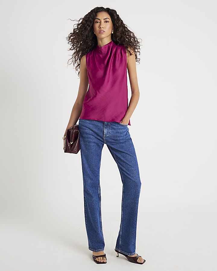 Pink Satin Cowl Neck Tank Top