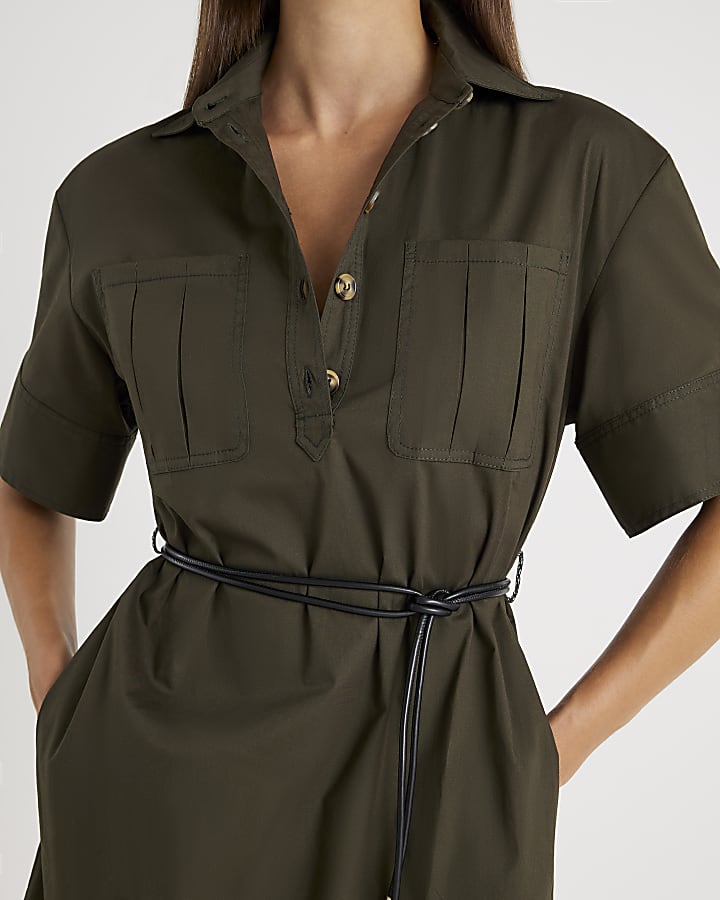 Khaki Utility Mini Shirt Dress