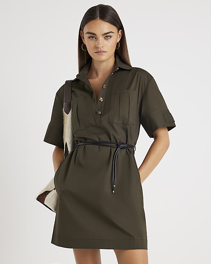 Khaki Utility Mini Shirt Dress