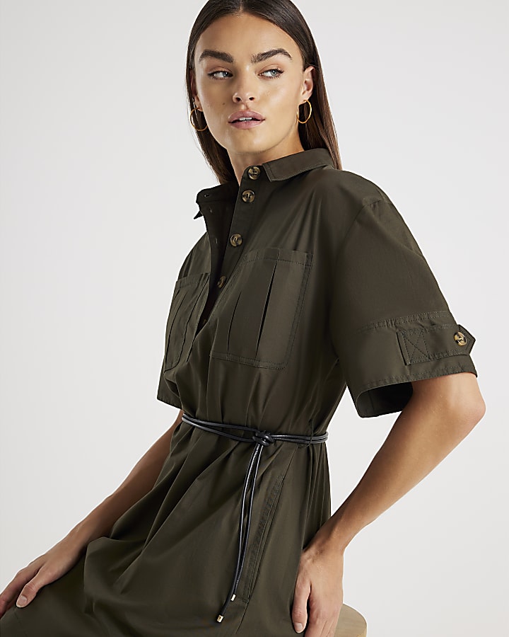 Khaki Utility Mini Shirt Dress