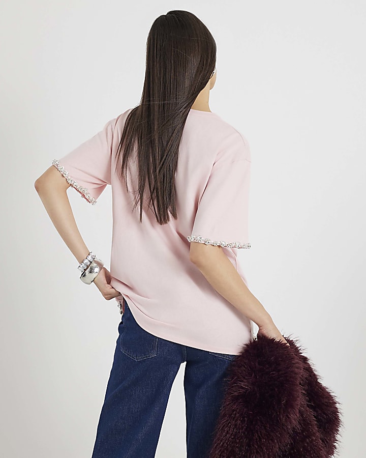 Pink Short Sleeve Curved Hem Diamante T-shirt