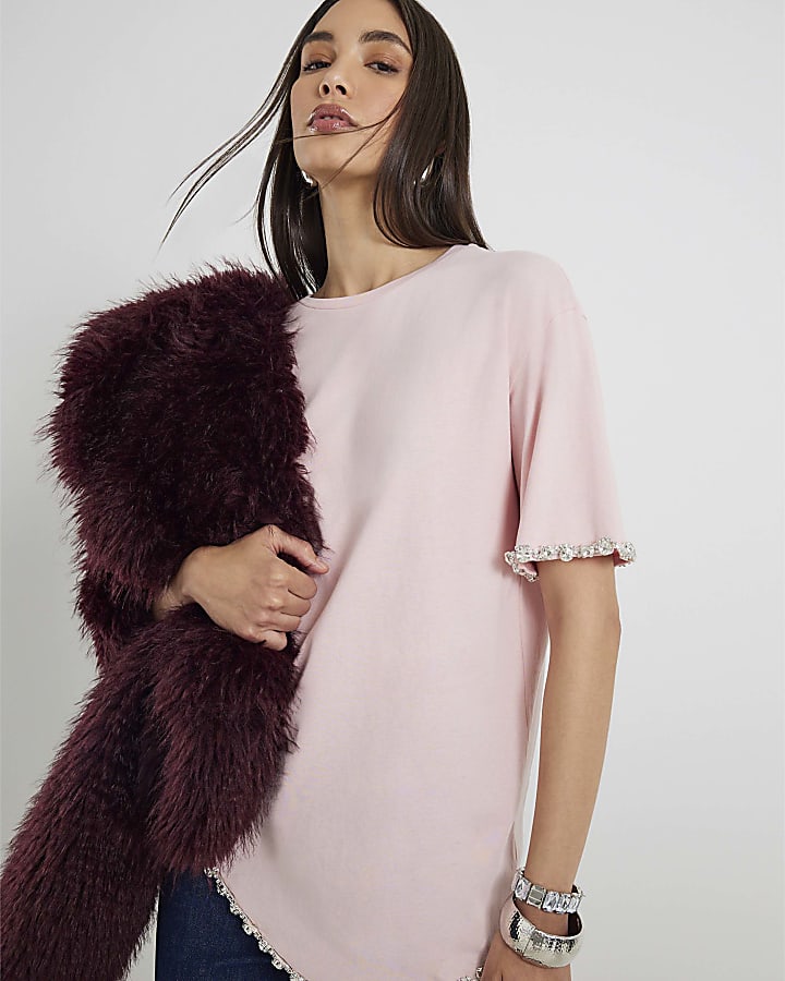 Pink Short Sleeve Curved Hem Diamante T-shirt