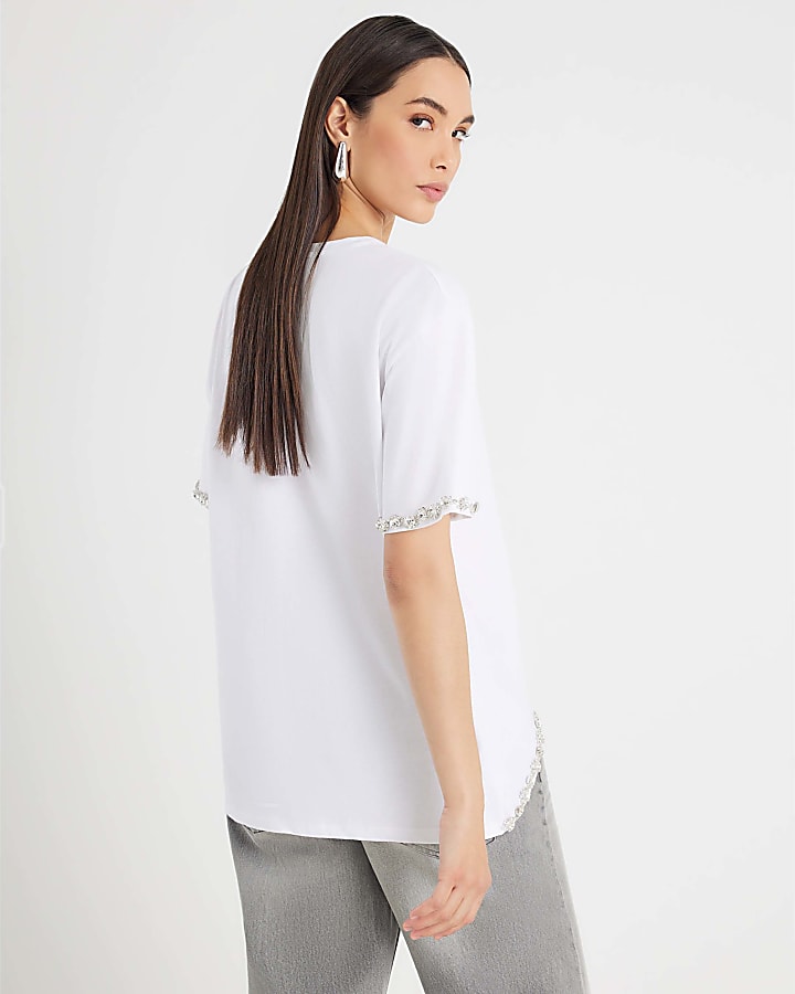 White Scallop Hem Diamante T-shirt