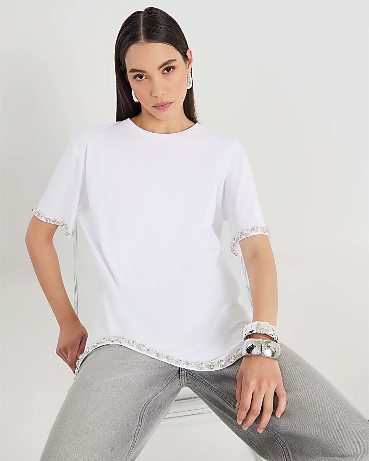 White Scallop Hem Diamante T-shirt