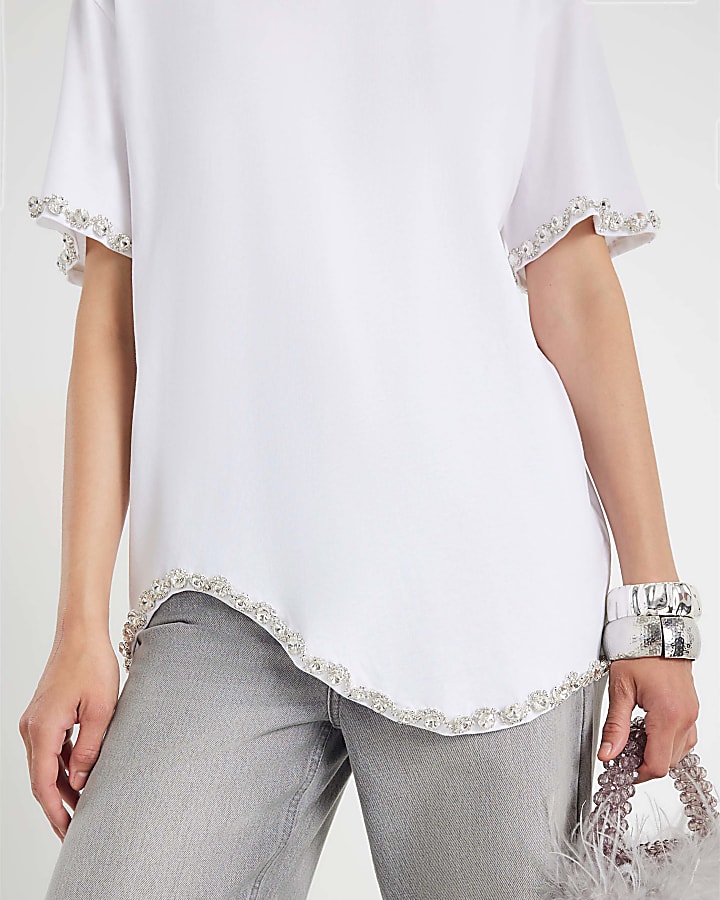 White Scallop Hem Diamante T-shirt