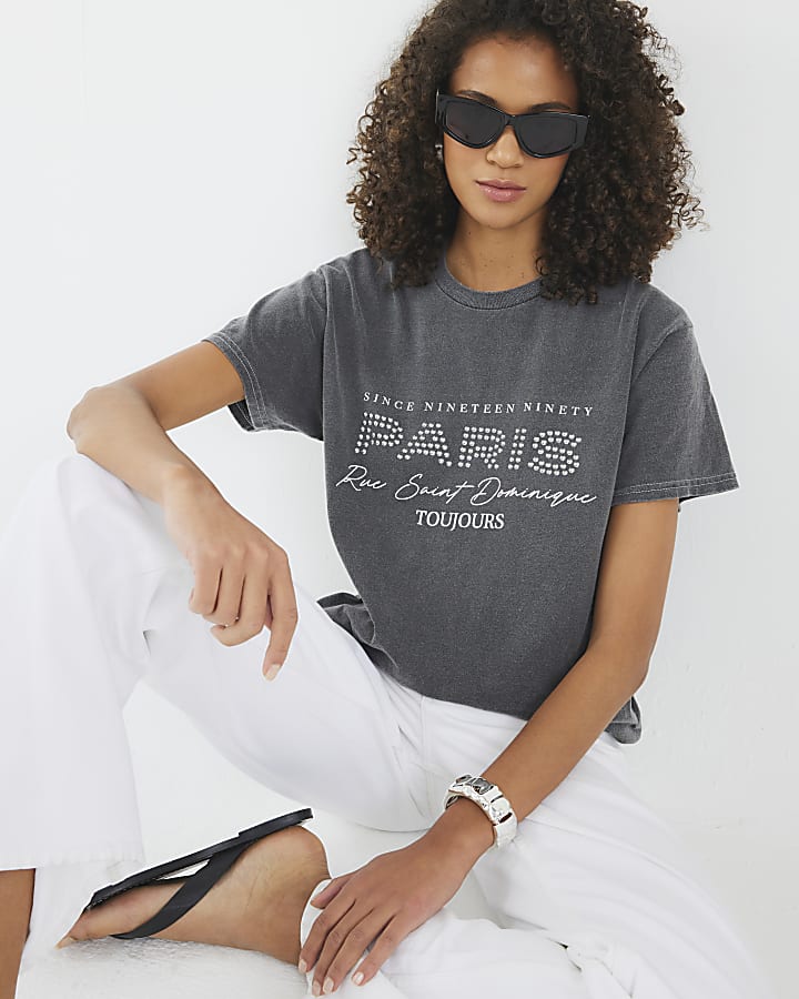 Grey Short Sleeve Paris Studded T-shirt