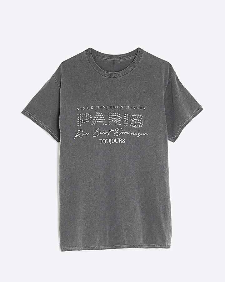 Grey Short Sleeve Paris Studded T-shirt