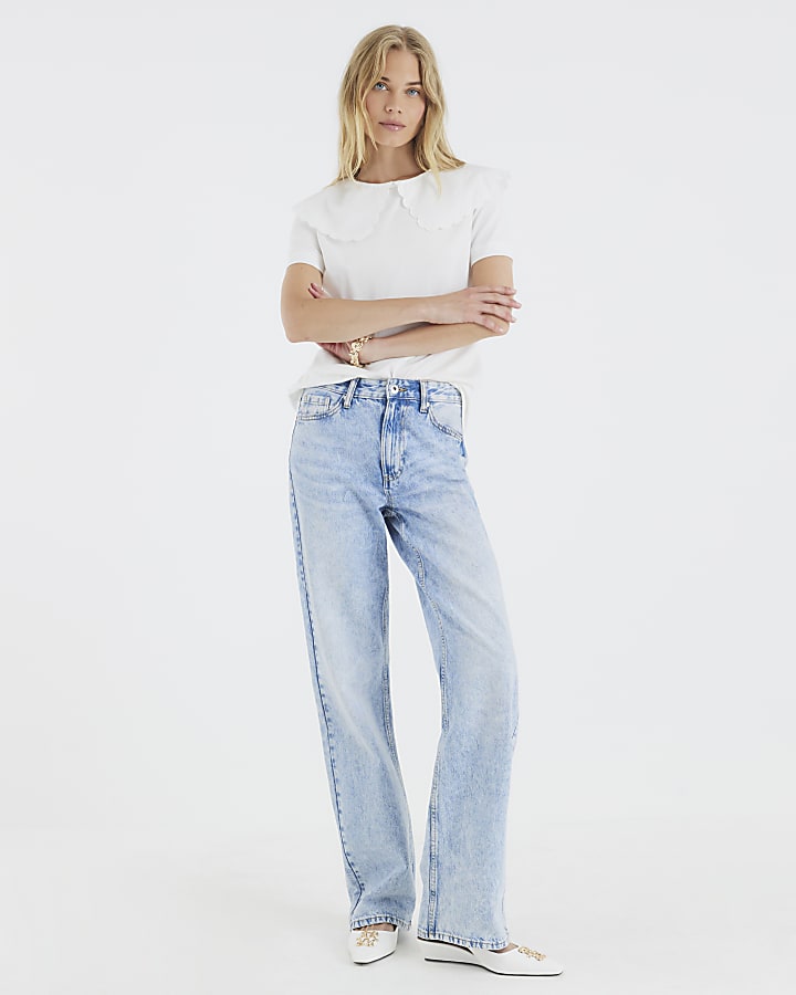 White Short Sleeve Scallop Hem Collar T-shirt