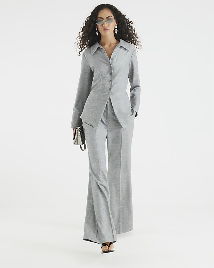 Grey Tailored Wide Leg Trousers