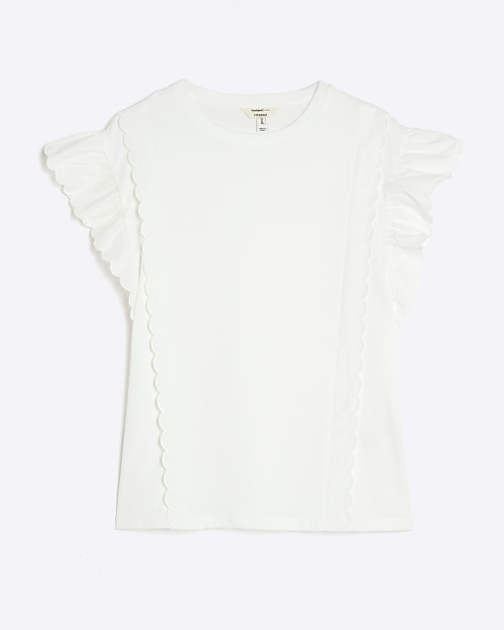 White Short Sleeve Scallop Trim T-shirt