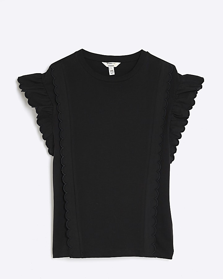 Black Short Sleeve Scallop Trim T-Shirt