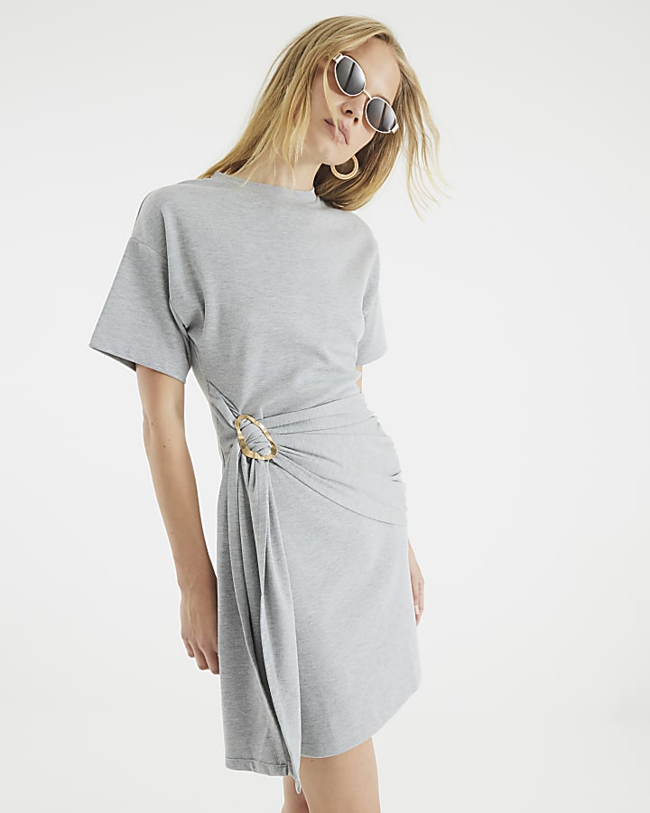 Grey Short Sleeve Belted Mini T-shirt Dress