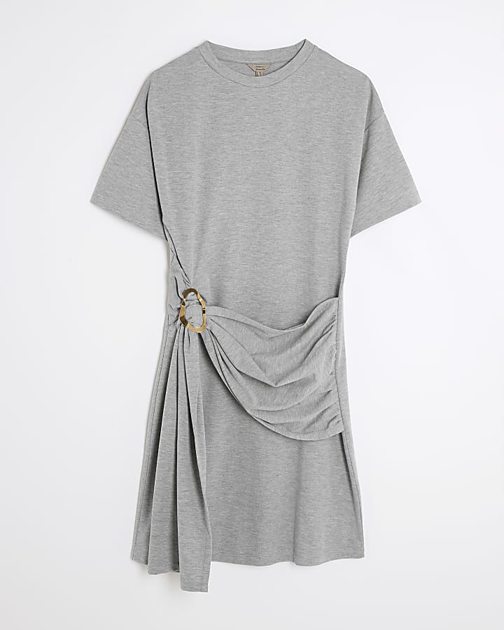 Grey Short Sleeve Belted Mini T-shirt Dress