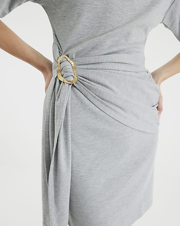 Grey Short Sleeve Belted Mini T-shirt Dress