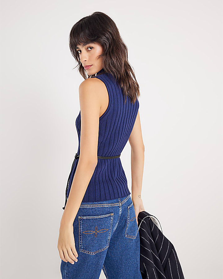 Navy Belted Knit ribbed tank top
