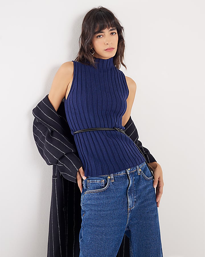 Navy Belted Knit ribbed tank top