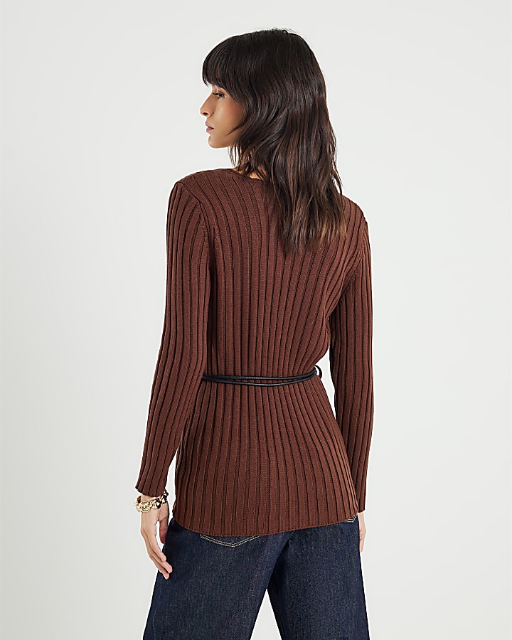 Brown Belted Ribbed Jumper