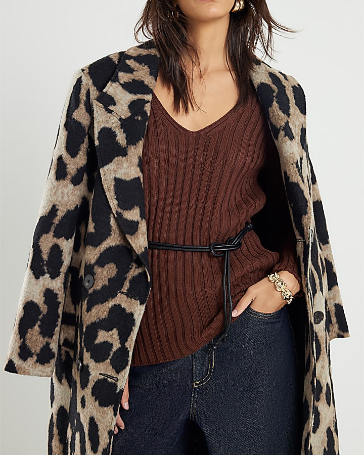 Brown Belted Ribbed Jumper