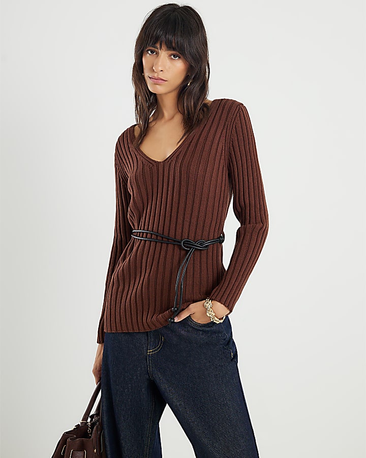 Brown Belted Ribbed Jumper