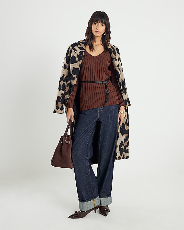 Brown Belted Ribbed Jumper