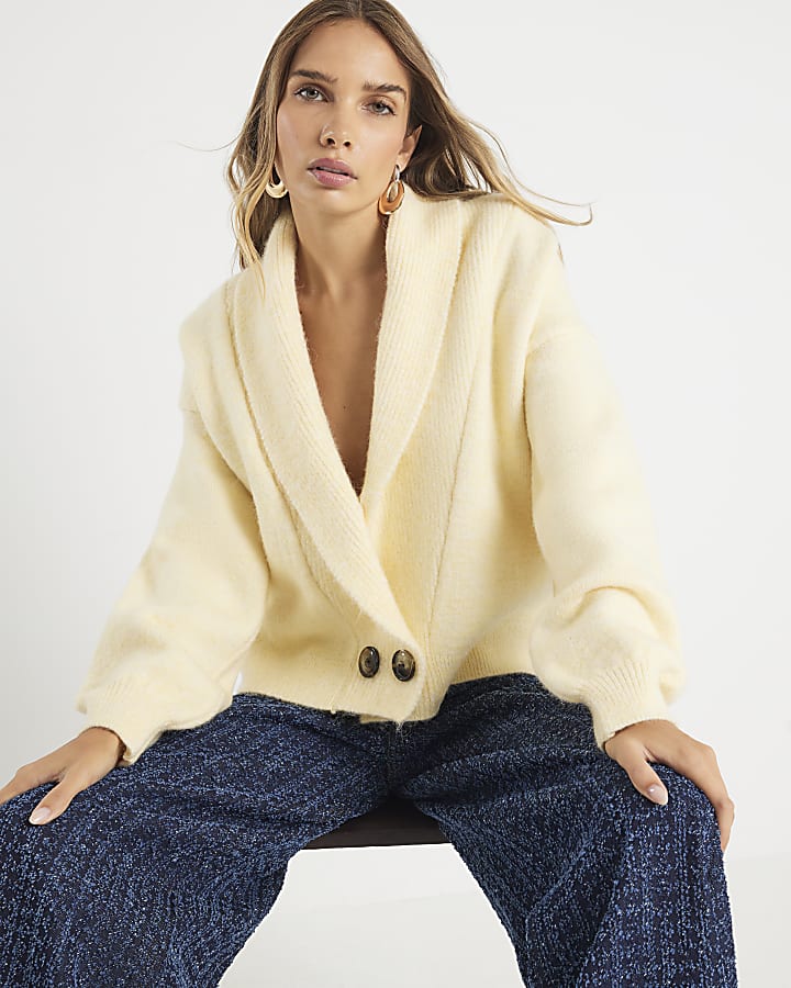 Yellow Knitted Shawl Collar Cardigan