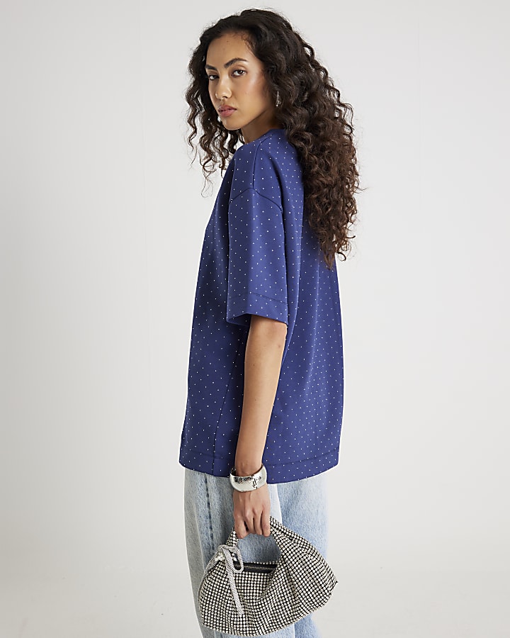 Navy Premium Short Sleeve Diamante T-shirt