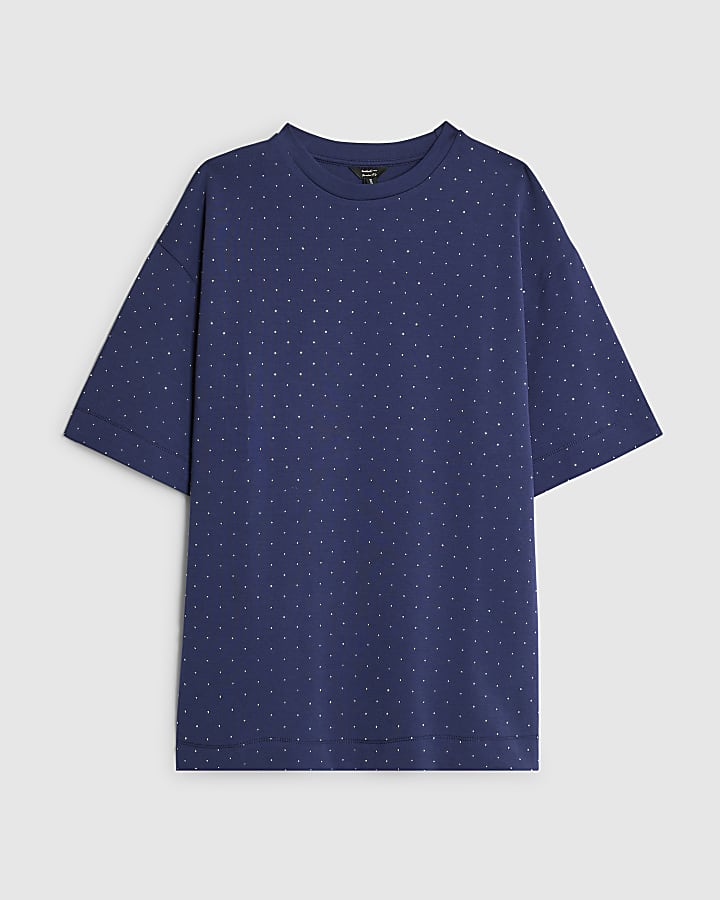 Navy Premium Short Sleeve Diamante T-shirt