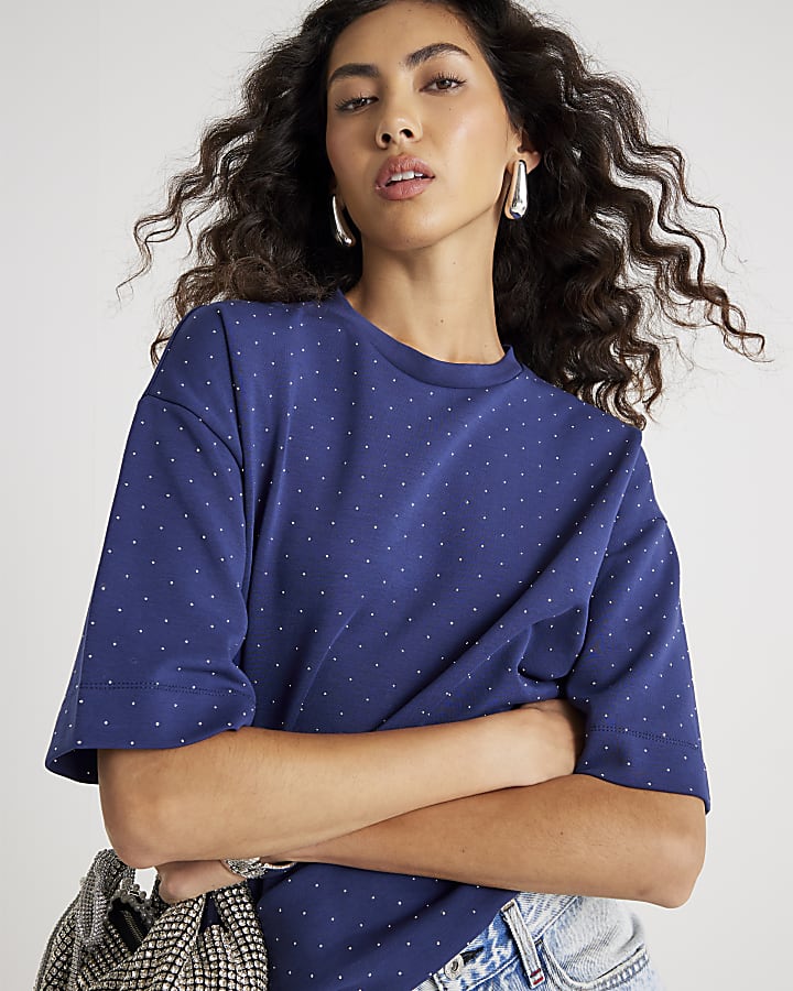 Navy Premium Short Sleeve Diamante T-shirt