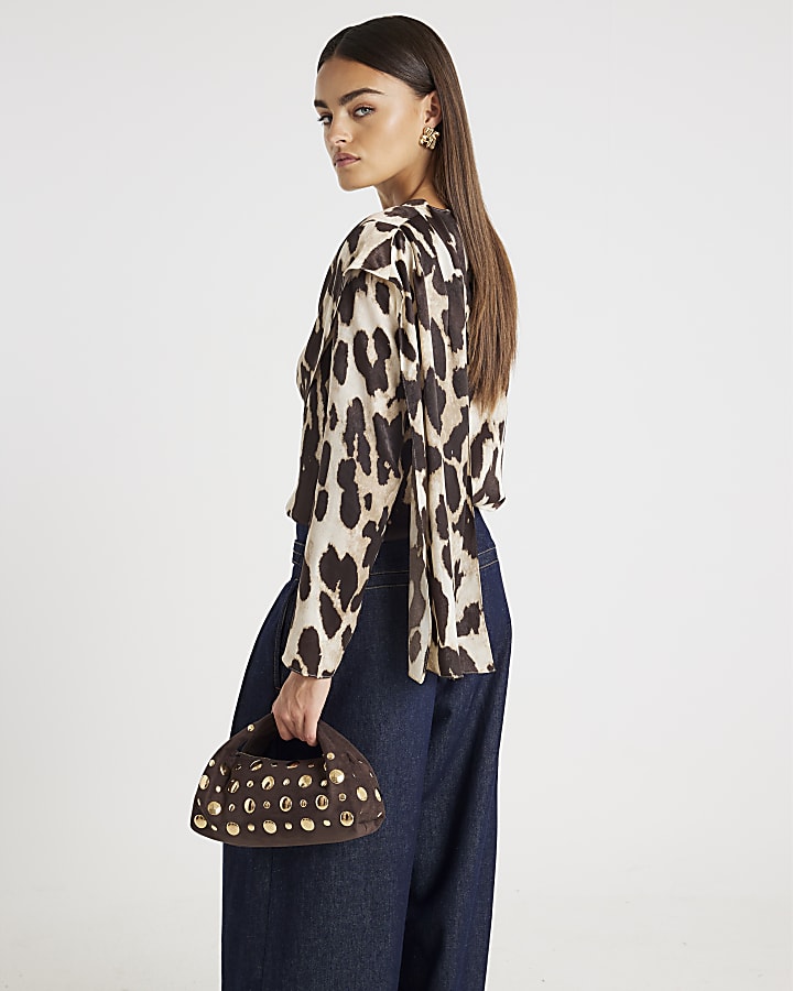 Brown Leopard Print Cowl Neck Drape Blouse