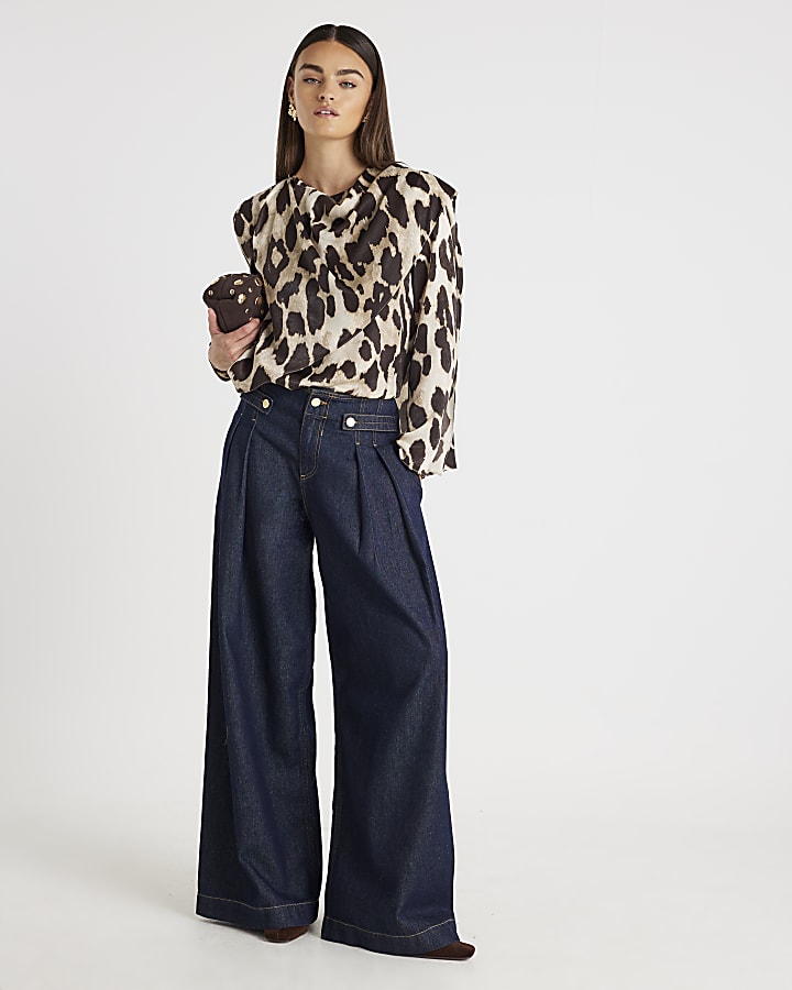 Brown Leopard Print Cowl Neck Drape Blouse