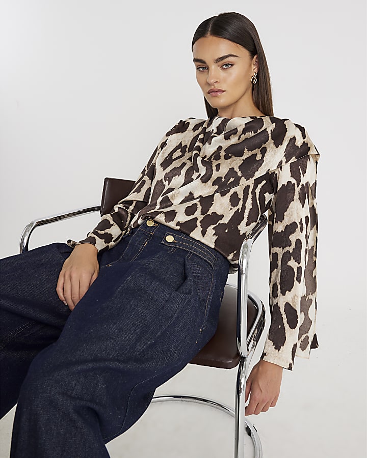 Brown Leopard Print Cowl Neck Drape Blouse