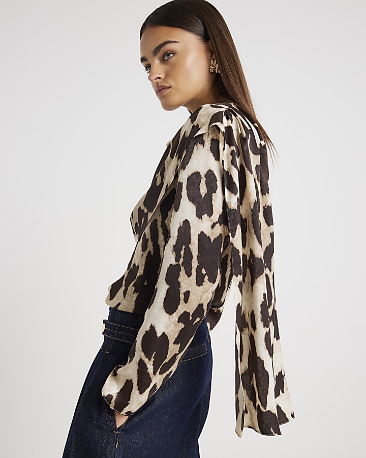 Brown Leopard Print Cowl Neck Drape Blouse