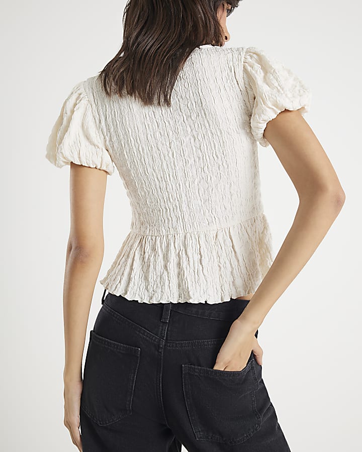 Cream Short Sleeve Textured Bow Top