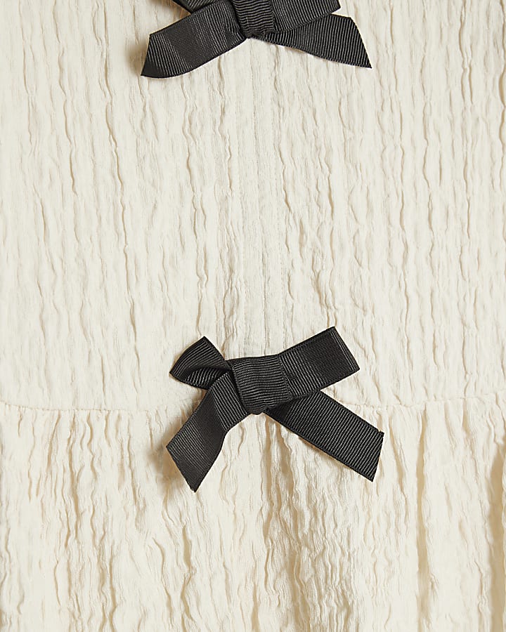 Cream Short Sleeve Textured Bow Top