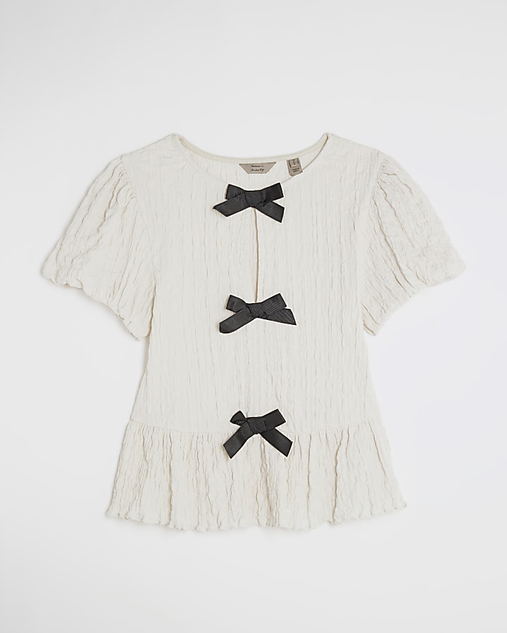 Cream Short Sleeve Textured Bow Top
