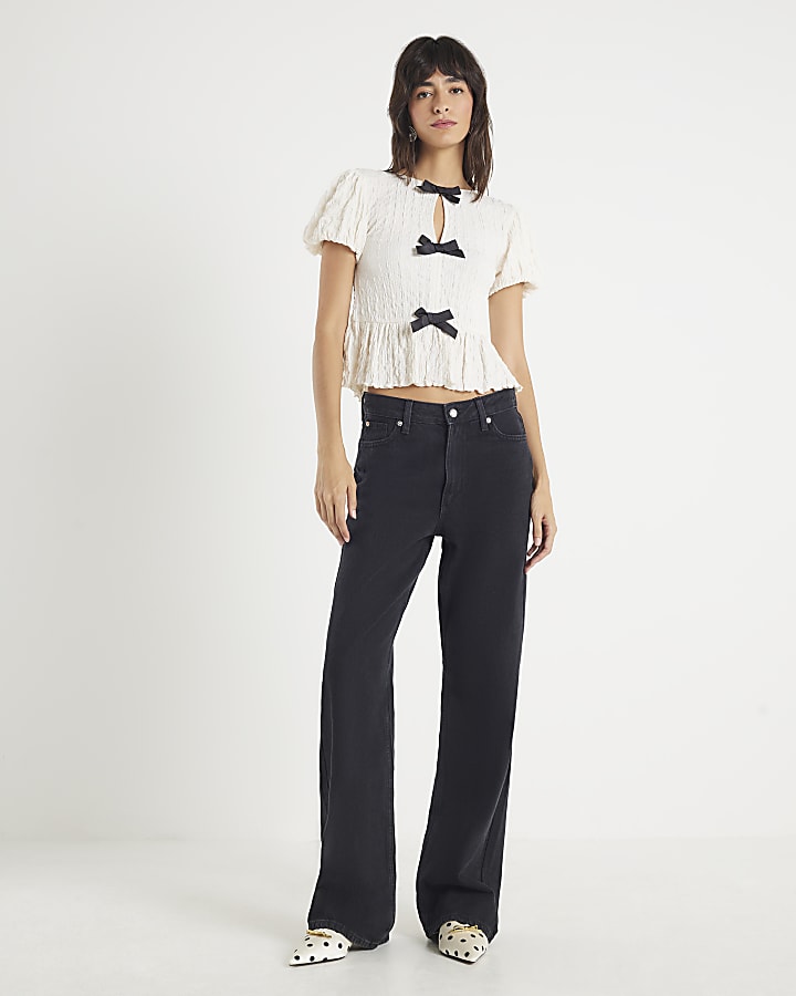 Cream Short Sleeve Textured Bow Top
