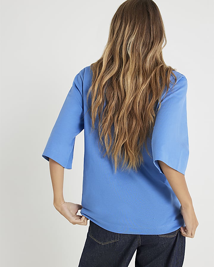 Blue Short Sleeve Scarf Neck T-shirt