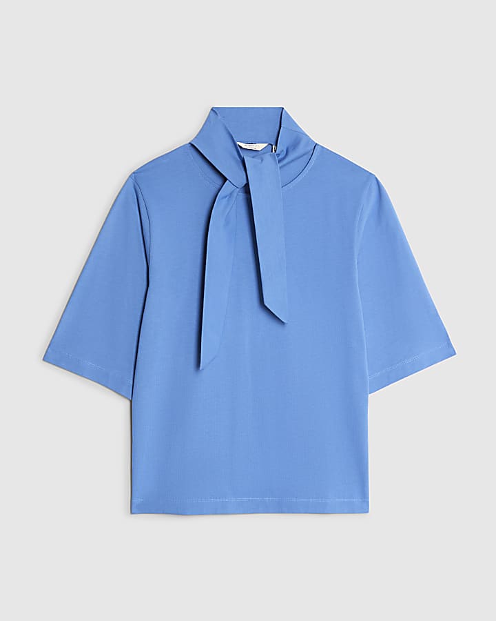 Blue Short Sleeve Scarf Neck T-shirt
