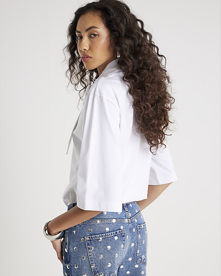 White Short Sleeve Scarf Neck T-shirt