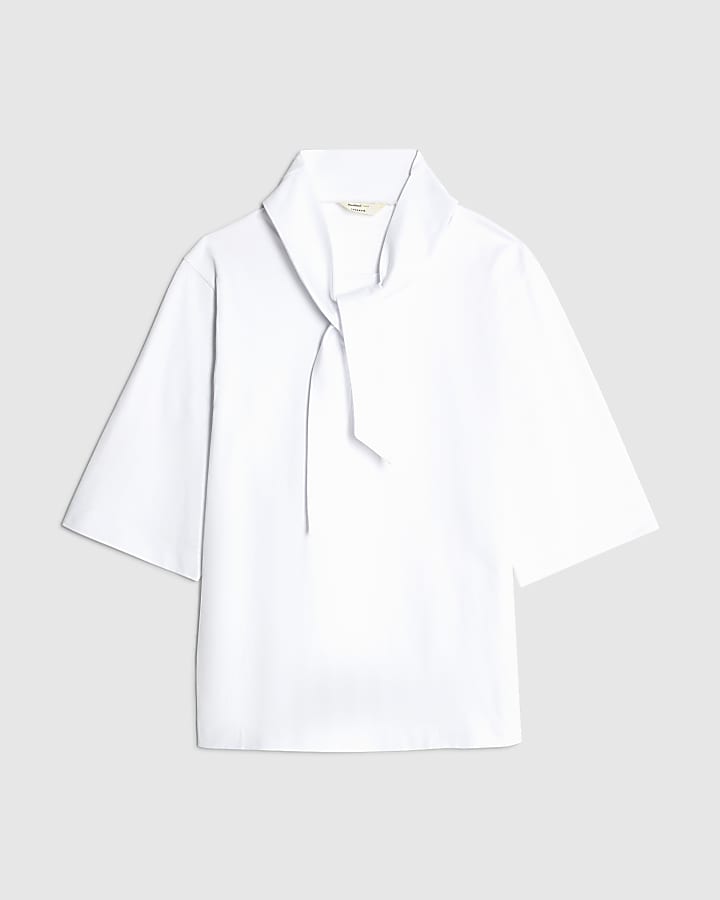 White Short Sleeve Scarf Neck T-shirt