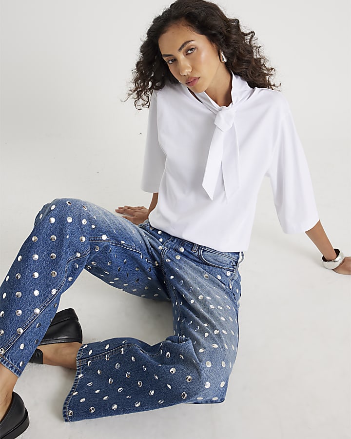White Short Sleeve Scarf Neck T-shirt