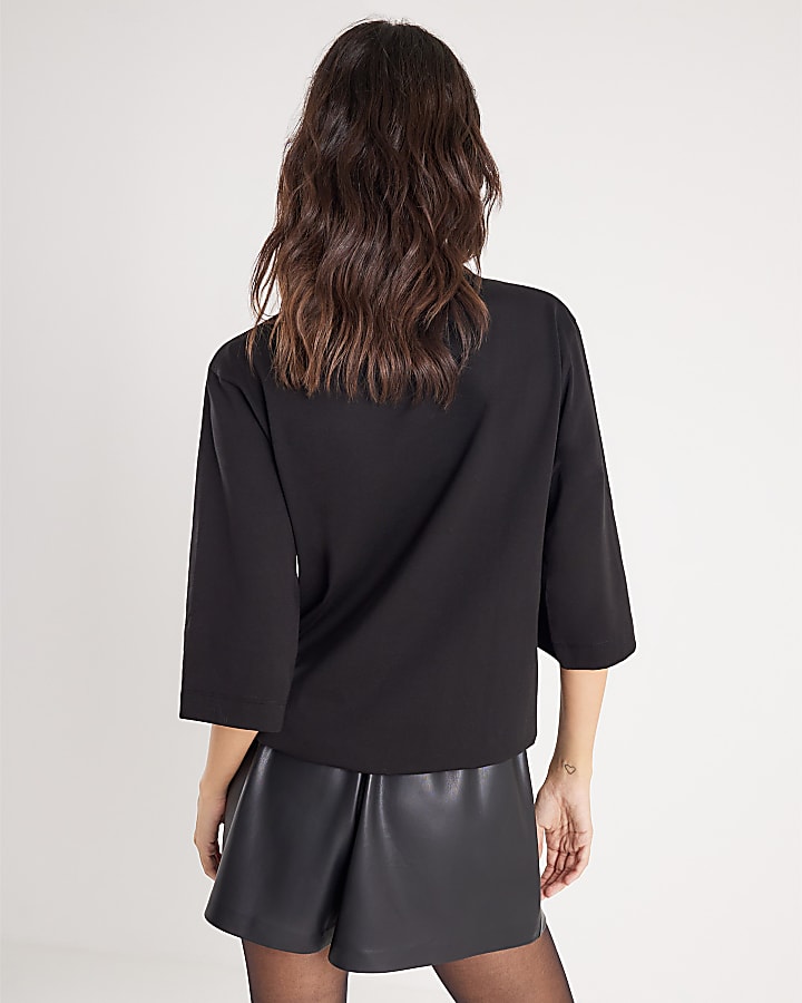 Black Short Sleeve Scarf Neck T-shirt
