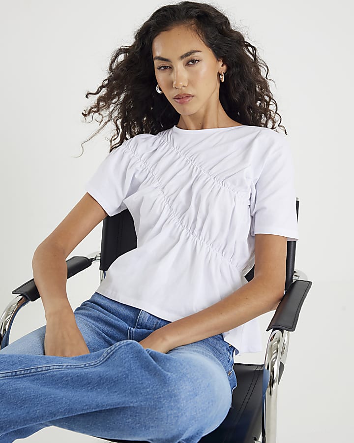 White Short Sleeve Ruched Front T-shirt