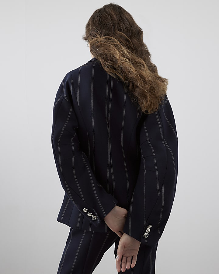RI Studio Navy Cocoon Sleeve Stripe Blazer