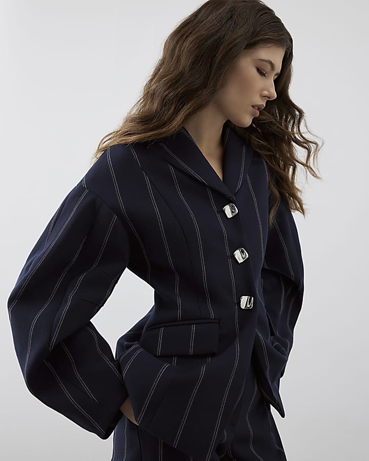 RI Studio Navy Cocoon Sleeve Stripe Blazer